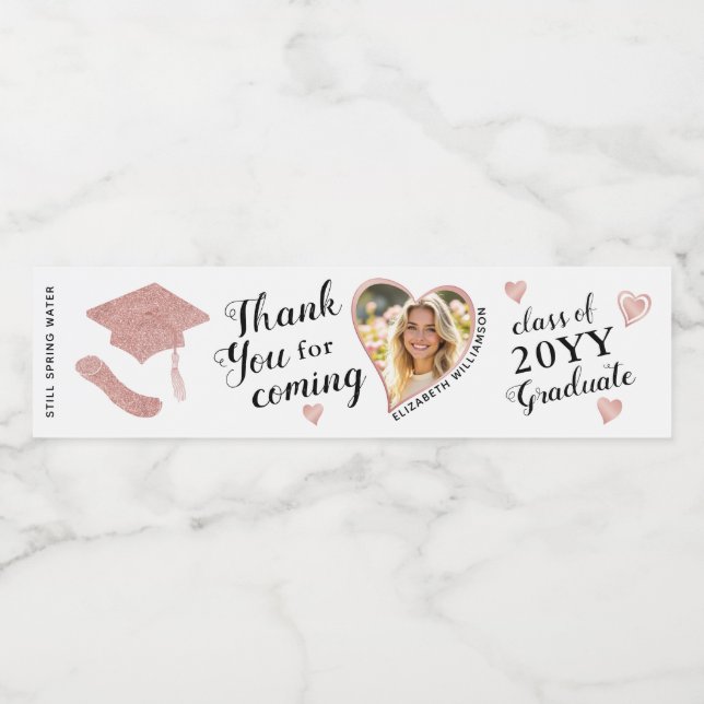 Custom Photo Elegant White Graduation Thank You Water Bottle Label (Single Label)