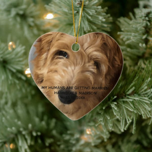 Custom photo engagement announcement Christmas Ceramic Tree Decoration