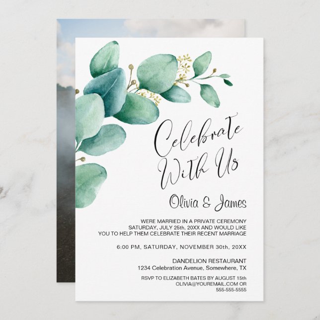 Custom Photo Eucalyptus Leaves Wedding Reception Invitation (Front/Back)