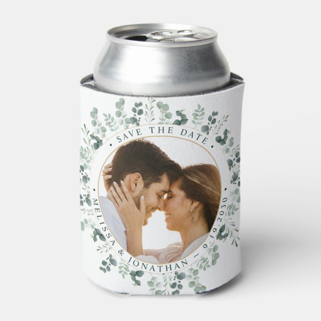 Custom Photo Eucalyptus Wedding Save The Date Can Cooler (Can Front)