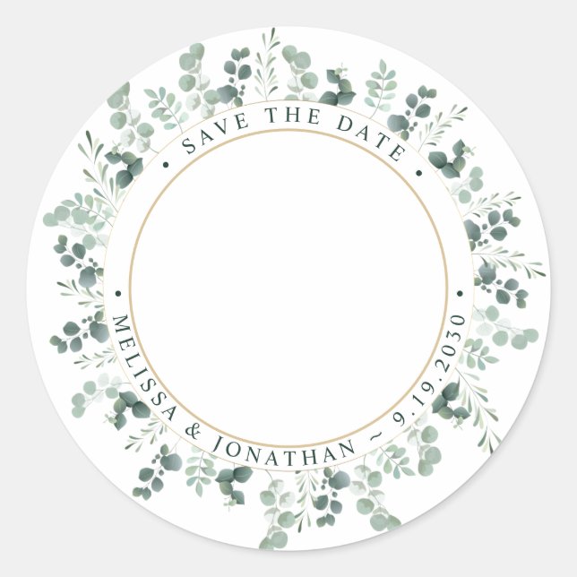 Custom Photo Eucalyptus Wedding Save The Date Classic Round Sticker (Front)