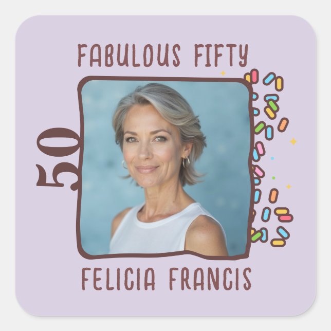Custom Photo Fabulous Fifty Birthday Party Square Sticker (Front)