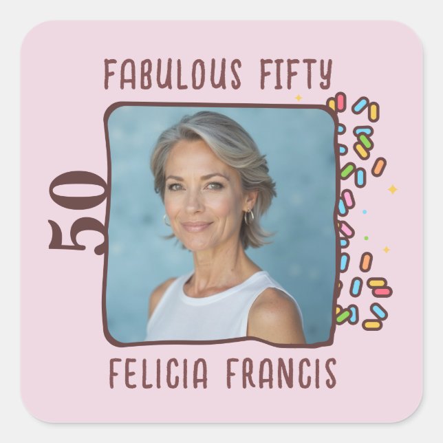 Custom Photo Fabulous Fifty Birthday Party Square Sticker (Front)