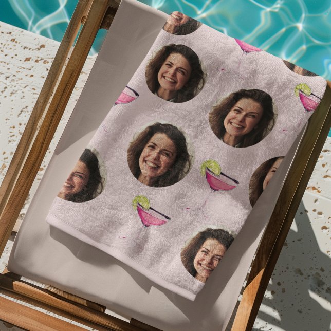 Custom Photo Face & Cocktail | Personalised Pink  Beach Towel (Creator Uploaded)