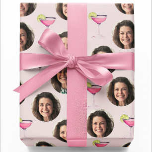 Custom Photo Face & Cocktail Personalised Pink Wrapping Paper