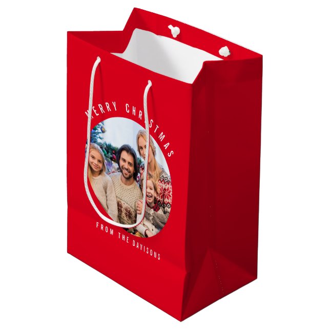 Custom Photo Family Name Merry Christmas Red Medium Gift Bag (Front Angled)
