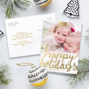 Custom Photo Faux Gold Cute Handwritten Modern Holiday Postcard