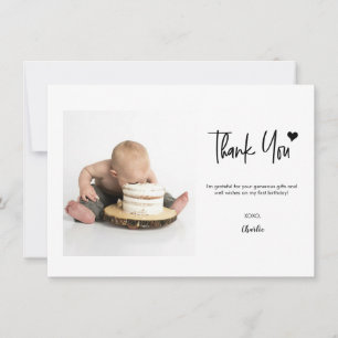 Custom Photo First Birthday Modern handlettering Thank You Card