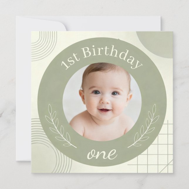 Custom Photo First Birthday - Personalised Sage  Invitation (Front)