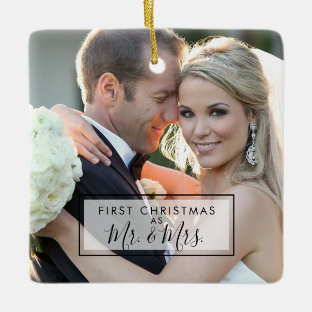 Custom Photo First Christmas as Mr and Mrs Ceramic Ornament (Front)