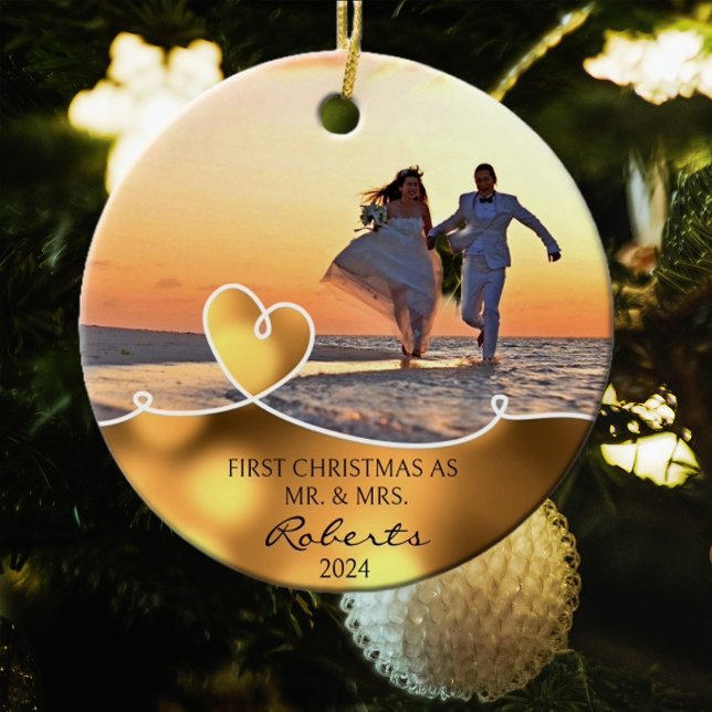 Custom Photo First Christmas as Mr. and Mrs. Ceramic Tree Decoration (Creator Uploaded)