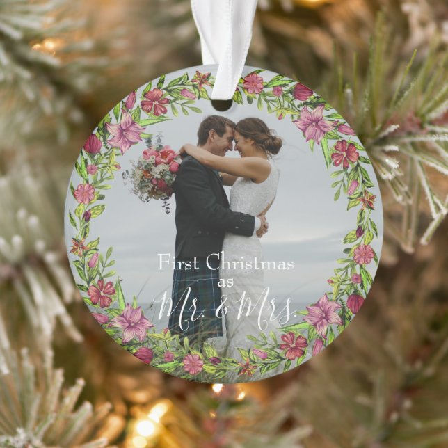 Custom Photo First Christmas as Mr and Mrs -Floral Ornament (Tree)