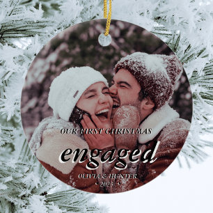 Custom Photo First Christmas Engaged Black Script Ceramic Tree Decoration