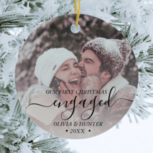 Custom Photo First Christmas Engaged Black Script Ceramic Tree Decoration