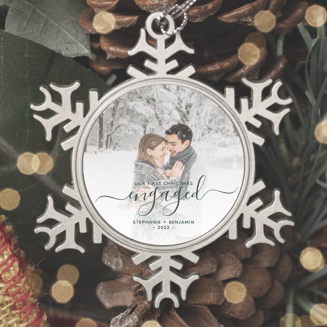 Custom Photo First Christmas Engaged Green Script Snowflake Pewter Christmas Ornament (Creator Uploaded)