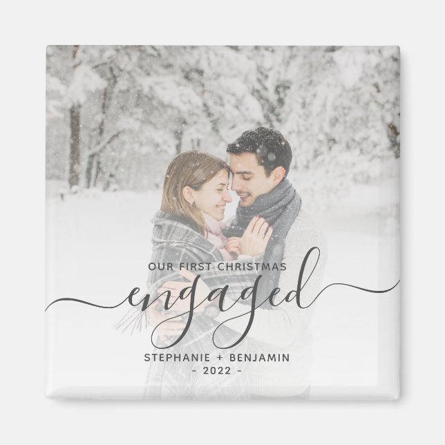 Custom Photo First Christmas Engaged Grey Script Magnet (Front)