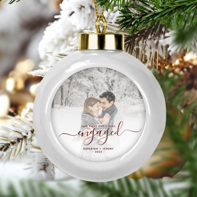 Custom Photo First Christmas Engaged Red Script Ceramic Ball Christmas Ornament (Creator Uploaded)