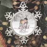 Custom Photo First Christmas Engaged Red Script Snowflake Pewter Christmas Ornament<br><div class="desc">Commemorate your engagement with this beautiful modern keepsake ornament. The dark red text reads "Our first Christmas engaged, " with the word "engaged" in elegant handwriting script with flourishes before and after. Replace the sample image with your favourite photo, and add your names and the year. A white gradient filter...</div>
