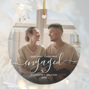 Custom Photo First Christmas Engaged White Script Ceramic Tree Decoration