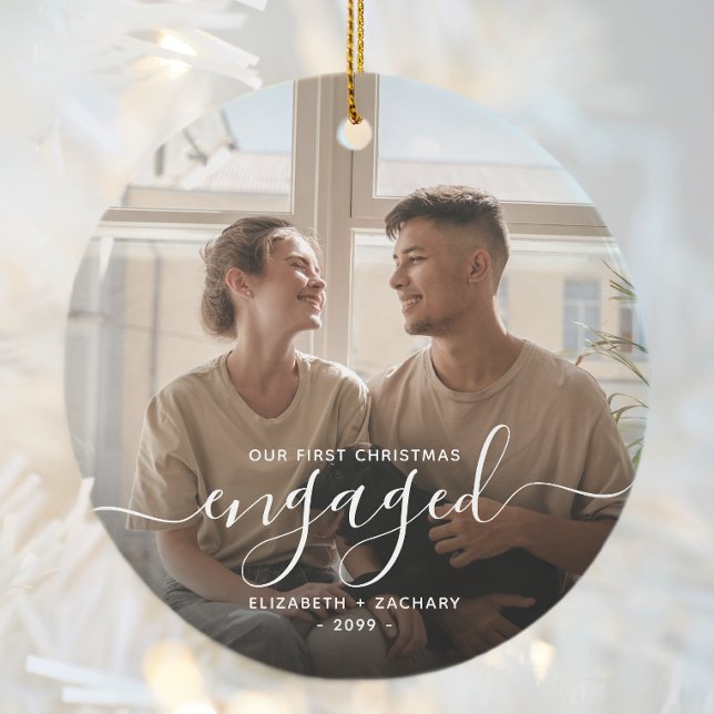 Custom Photo First Christmas Engaged White Script Ceramic Tree Decoration (Creator Uploaded)