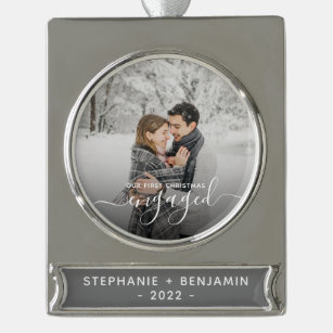 Custom Photo First Christmas Engaged White Script Silver Plated Banner Ornament