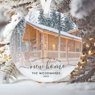 Custom Photo First Christmas New Home Grey Script Ornament