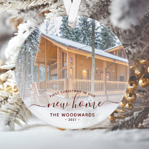 Custom Photo First Christmas New Home Red Script Ornament