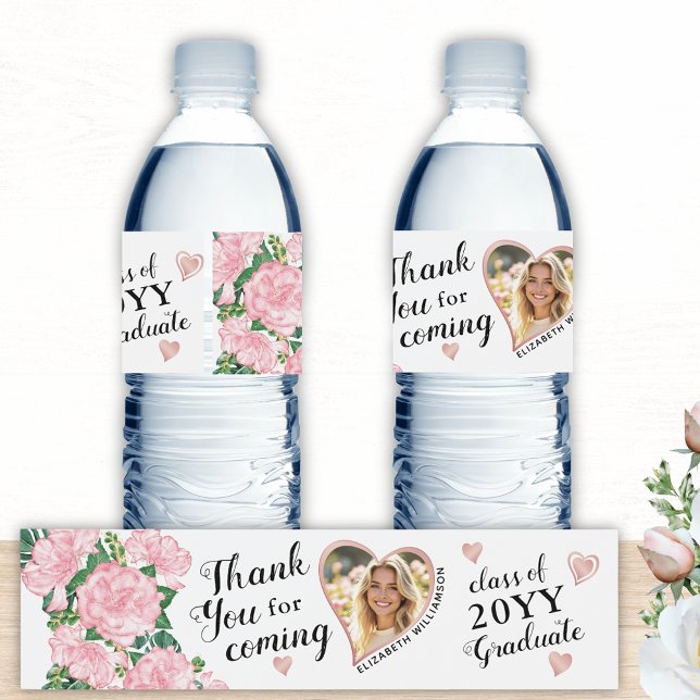 Custom Photo Floral 2025 Graduation Thank You Water Bottle Label (Creator Uploaded)