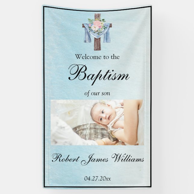 Custom Photo Floral Christening Baptism Welcome Banner (Vertical)