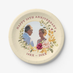 Custom Photo Floral Frame Anniversary  Paper Plate