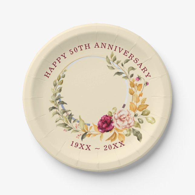 Custom Photo Floral Frame Anniversary  Paper Plate (Front)