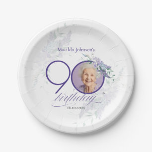 Custom Photo Floral Purple 90th Birthday Paper Plate