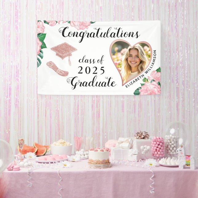 Custom Photo Floral White and Pink Graduation Banner (Party)