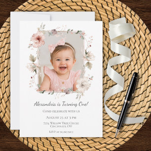 Custom Photo Flower Frame First Birthday Party Invitation