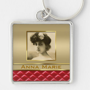 Custom Photo Frame Faux Gold Quilted Red Leather Key Ring