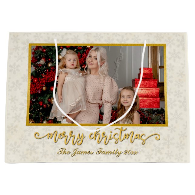 Custom Photo Frame Merry Christmas & New Year Large Gift Bag (Front)