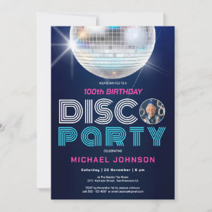 Custom Photo Fun Disco Party Retro 100th Birthday Invitation