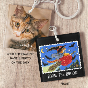 Custom Photo Fun Halloween Cat Witch Broomstick Key Ring