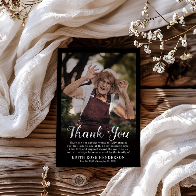 Custom Photo Funeral | Sympathy Black Thank You Card (Creator Uploaded)