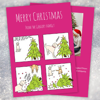 Custom Photo Funny Cat Dog Cartoon Pink Holiday Card