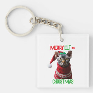 Custom Photo Funny Elf Sphynx Swear Cat Christmas  Key Ring