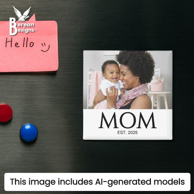 Custom Photo Gift Mum Established Magnet (Stylish MOM ESTABLISHED photo magnet with custom photo & text. Ideal Mother's day favor gift)