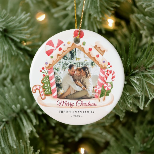Custom Photo Gingerbread House Christmas Ceramic Tree Decoration (Tree)