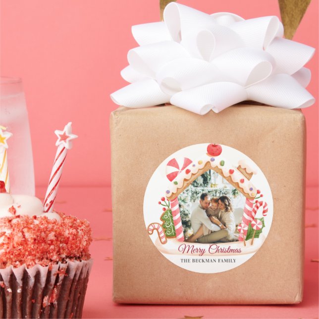 Custom Photo Gingerbread House Christmas Classic Round Sticker (Party)