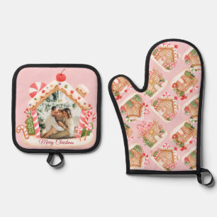 Custom Photo Gingerbread House Holiday Christmas Oven Mitt & Pot Holder Set