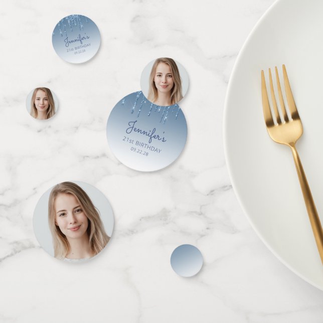 Custom Photo Glam Blue Glitter Drip 21st Birthday Confetti (Group)