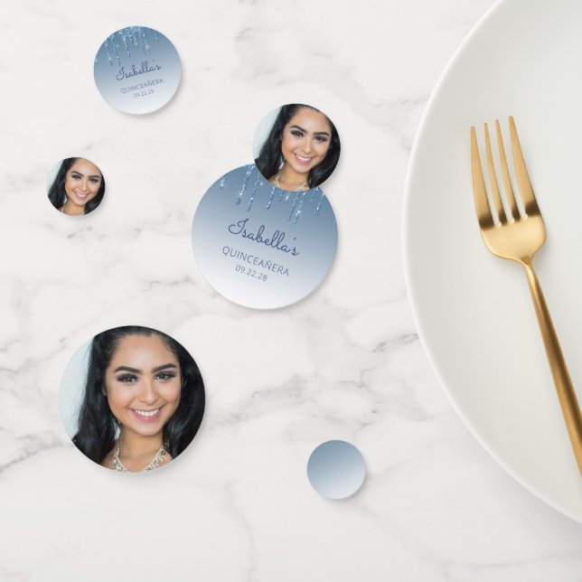 Custom Photo Glam Blue Glitter Drip Quinceañera Confetti (Group)