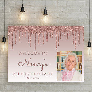 Custom Photo Glam Rose Gold 80th Birthday Welcome Poster