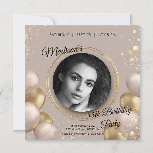 Custom Photo Gold & Beige Birthday Invitation (Front)