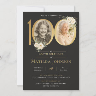 Custom Photo Gold Floral 100th Birthday Invitation
